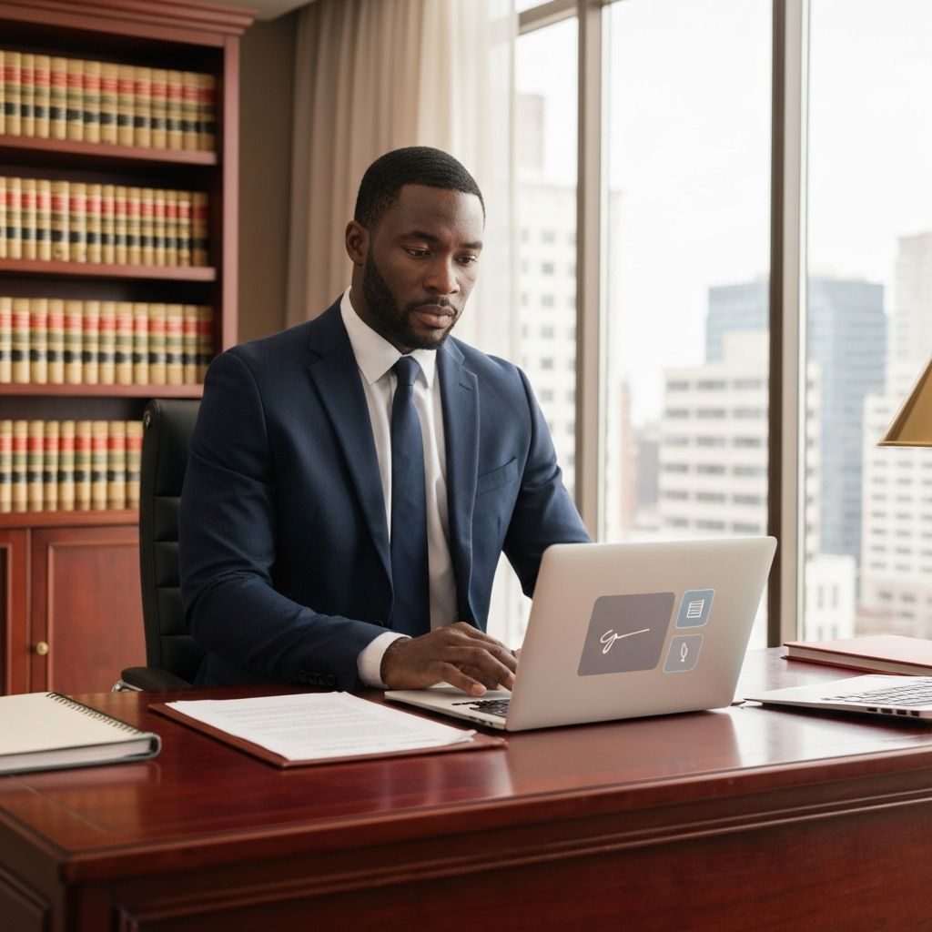 Attorney reviewing legal contracts on laptop